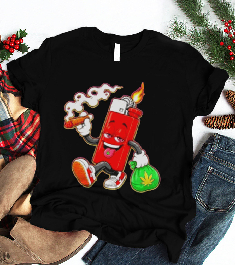 Flame Lighter And Smoking Joint With Cannabis Bag Cartoon T-Shirt