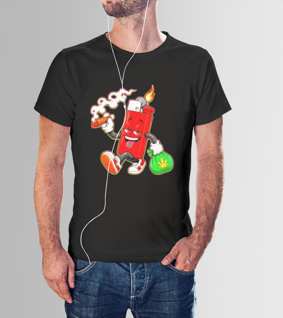 Flame Lighter And Smoking Joint With Cannabis Bag Cartoon T-Shirt