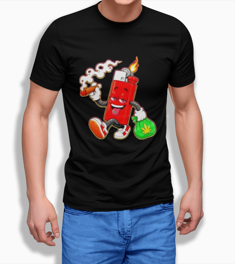 Flame Lighter And Smoking Joint With Cannabis Bag Cartoon T-Shirt