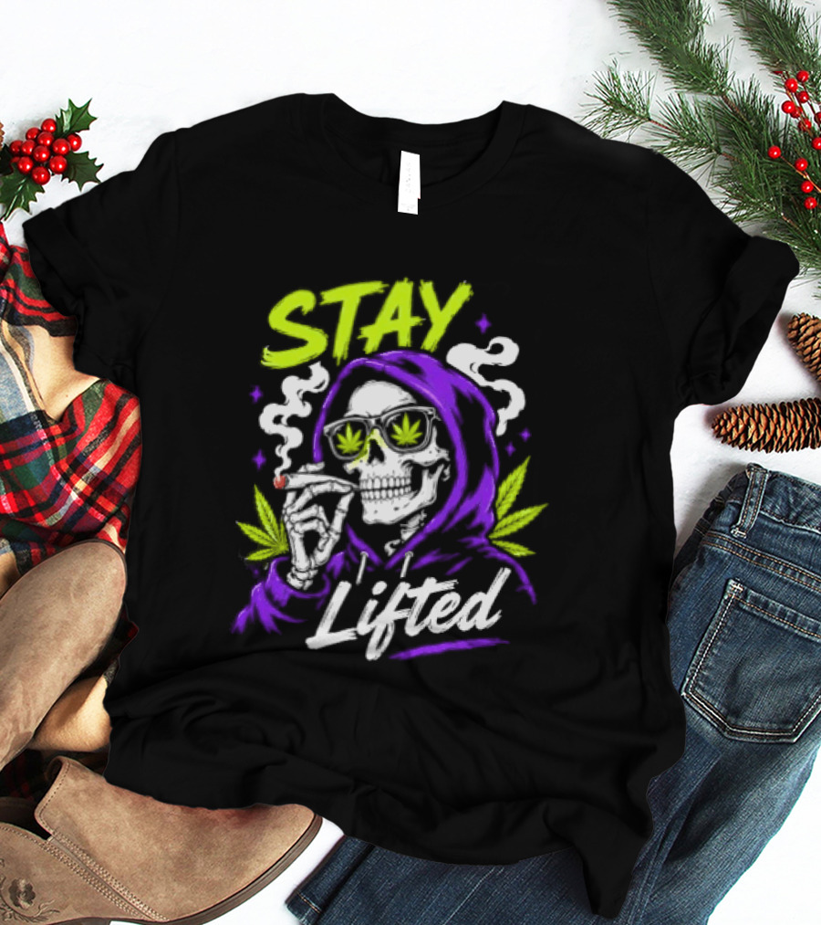 Stay Lifted Skeleton Smoking Weed Vapor Clouds Psychedelic T-Shirt