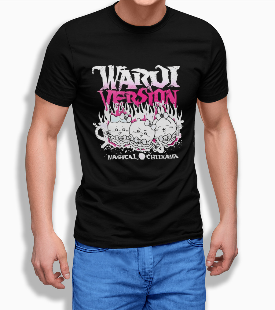 Warui Version Magical Chiikawa Characters In Fiery Pink And White T-Shirt