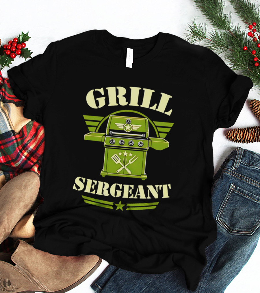 Grill Sergeant Military Style Barbecue Theme With Star Emblem And Utensils T-Shirt