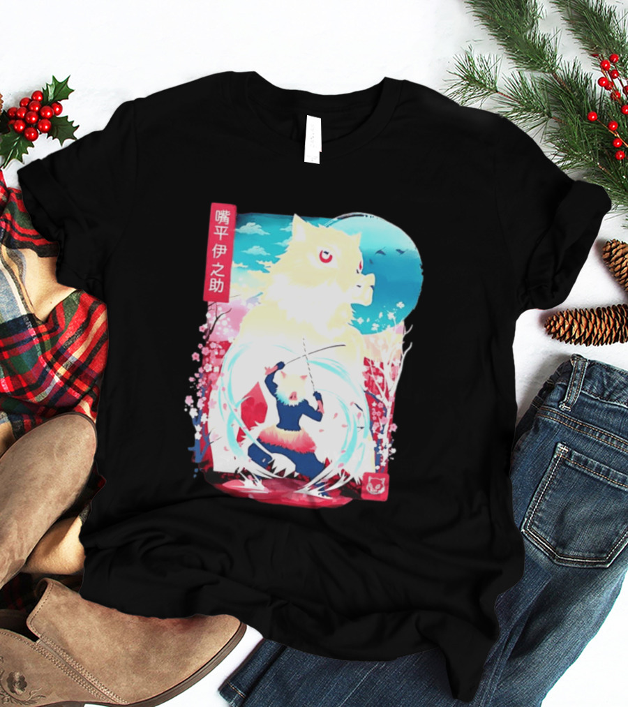 Inosuke Hashibira Boar Head Demon Slayer Anime Cherry Blossom Scene T-Shirt