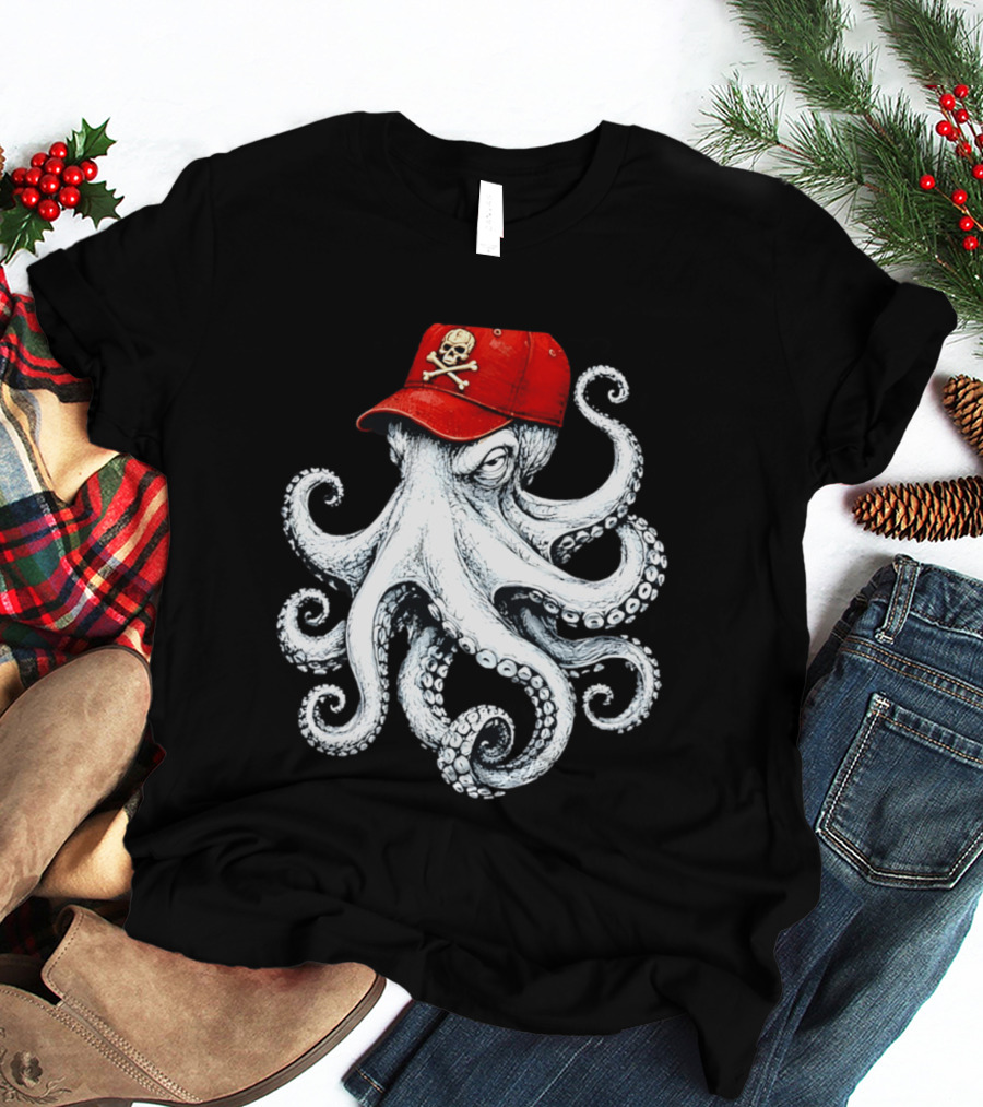 Octopus In Red Cap With Skull And Crossbones T-Shirt