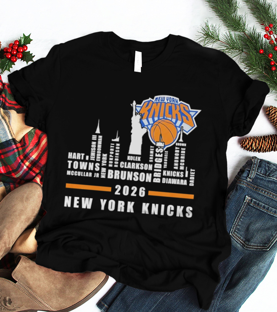 New York Knicks 2026 Jalen Brunson Mikal Bridges NBA Manhattan Skyline T-Shirt