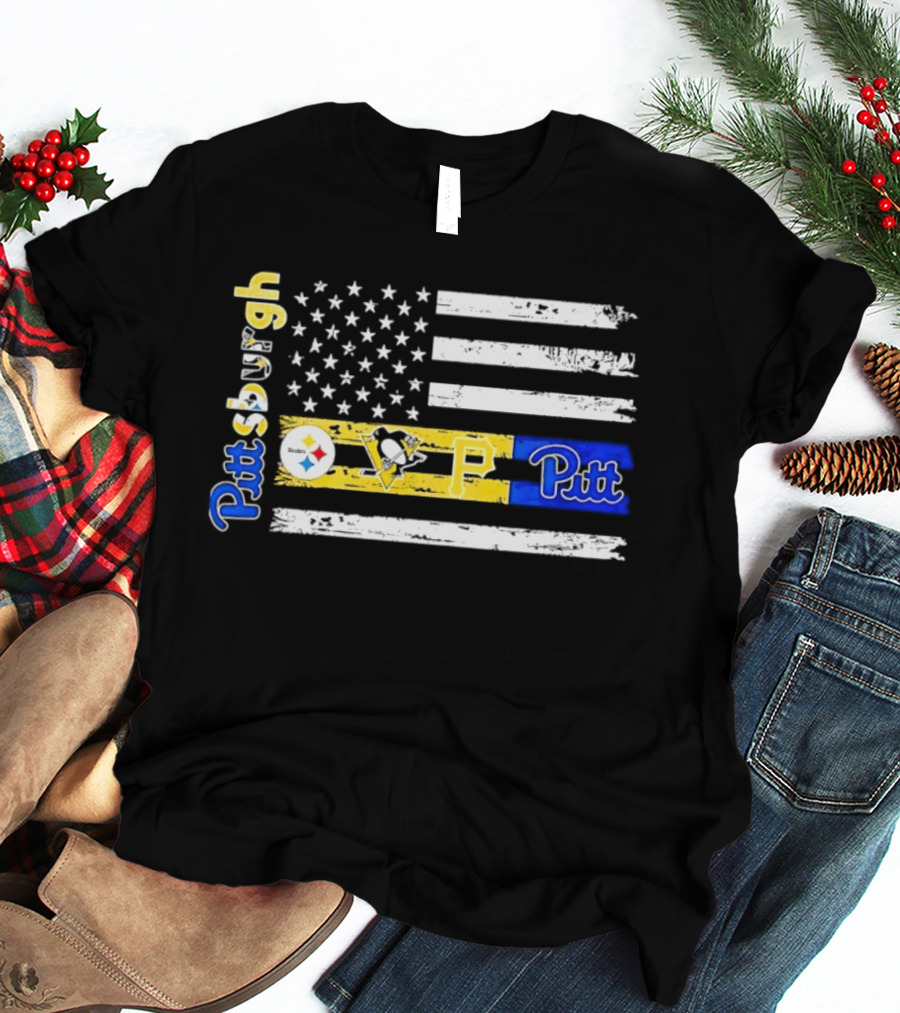 Pittsburgh Steelers Penguins Pirates Pitt American Flag T-Shirt