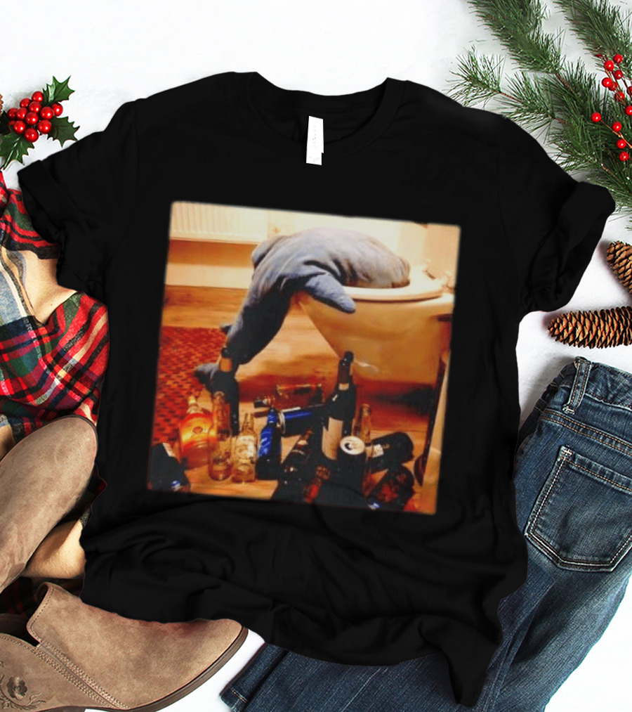 Shark Over Toilet With Alcohol Bottles Party Aftermath T-Shirt