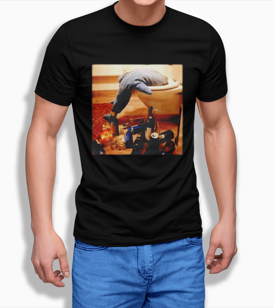 Shark Over Toilet With Alcohol Bottles Party Aftermath T-Shirt