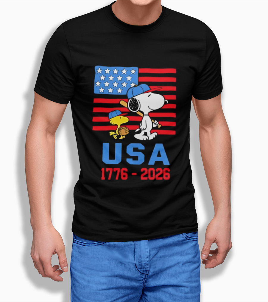 Snoopy Woodstock Peanuts USA Baseball American Flag 1776 2026 T-Shirt