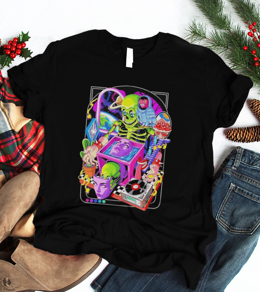 Green Skeleton Psychedelic Owl Surreal Heads Space Earth Trippy Mushrooms Record Player Adventure T-Shirt