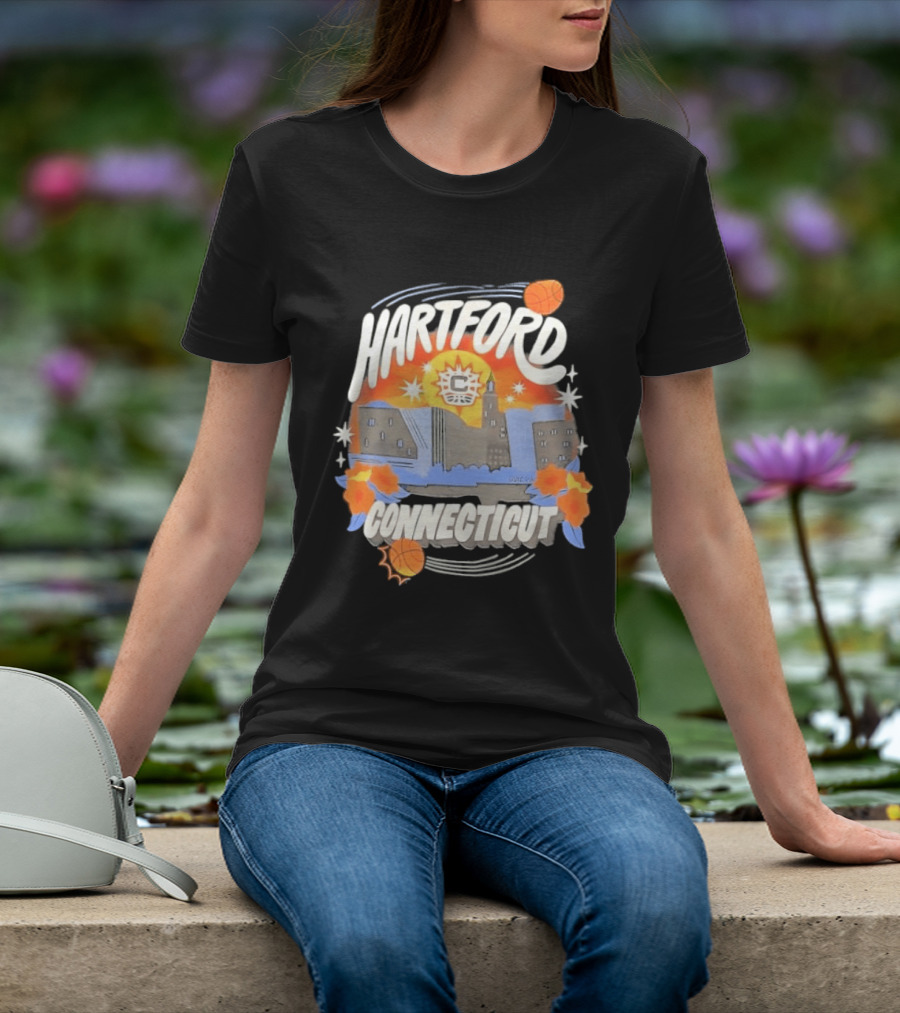 Hartford Connecticut Sun Basketball Skyline With Flowers And Basketballs T-Shirt