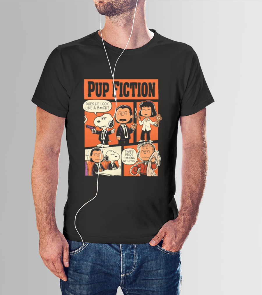Peanuts Pup Fiction Does He Look Like A Bitch Snopy And Franklin Vincent Jules Mia T-Shirt