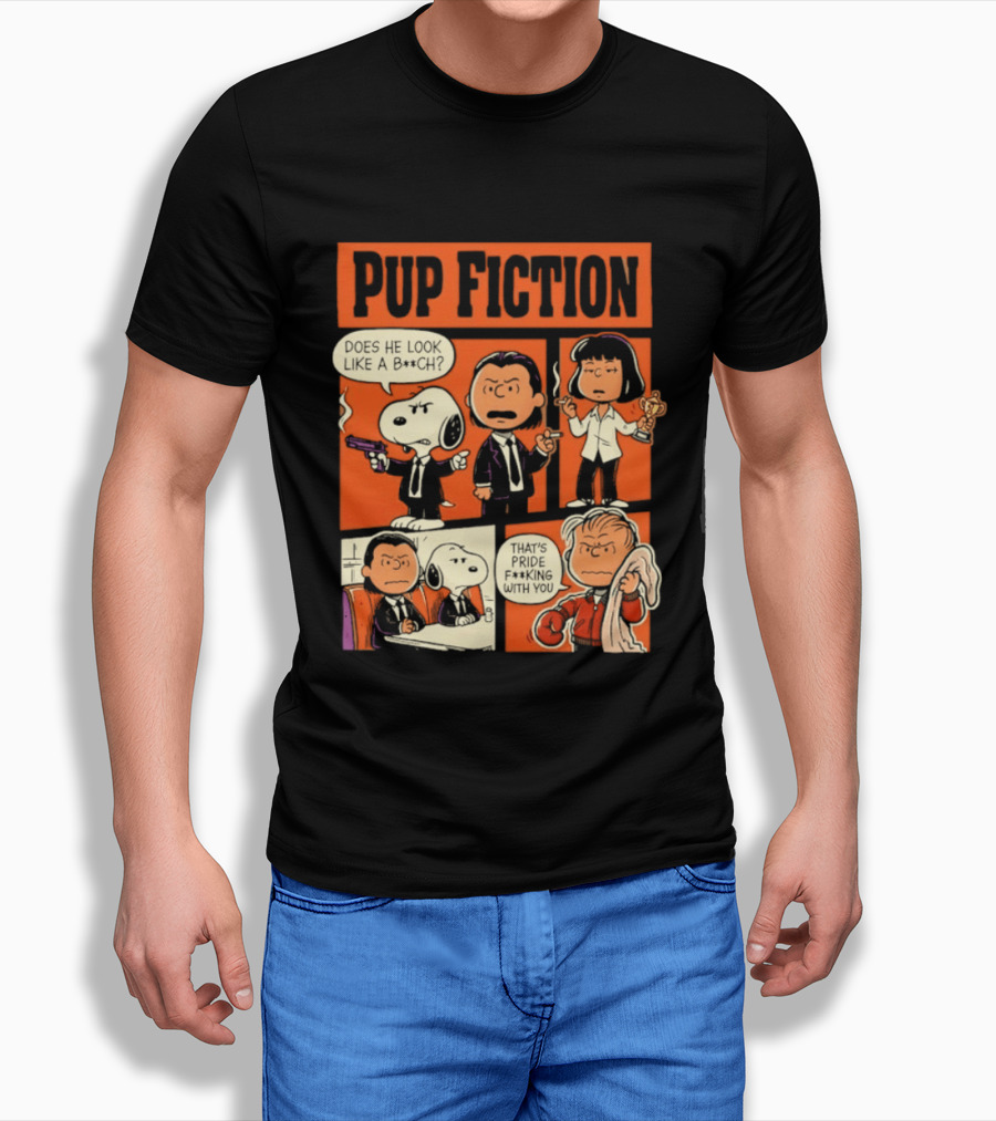 Peanuts Pup Fiction Does He Look Like A Bitch Snopy And Franklin Vincent Jules Mia T-Shirt