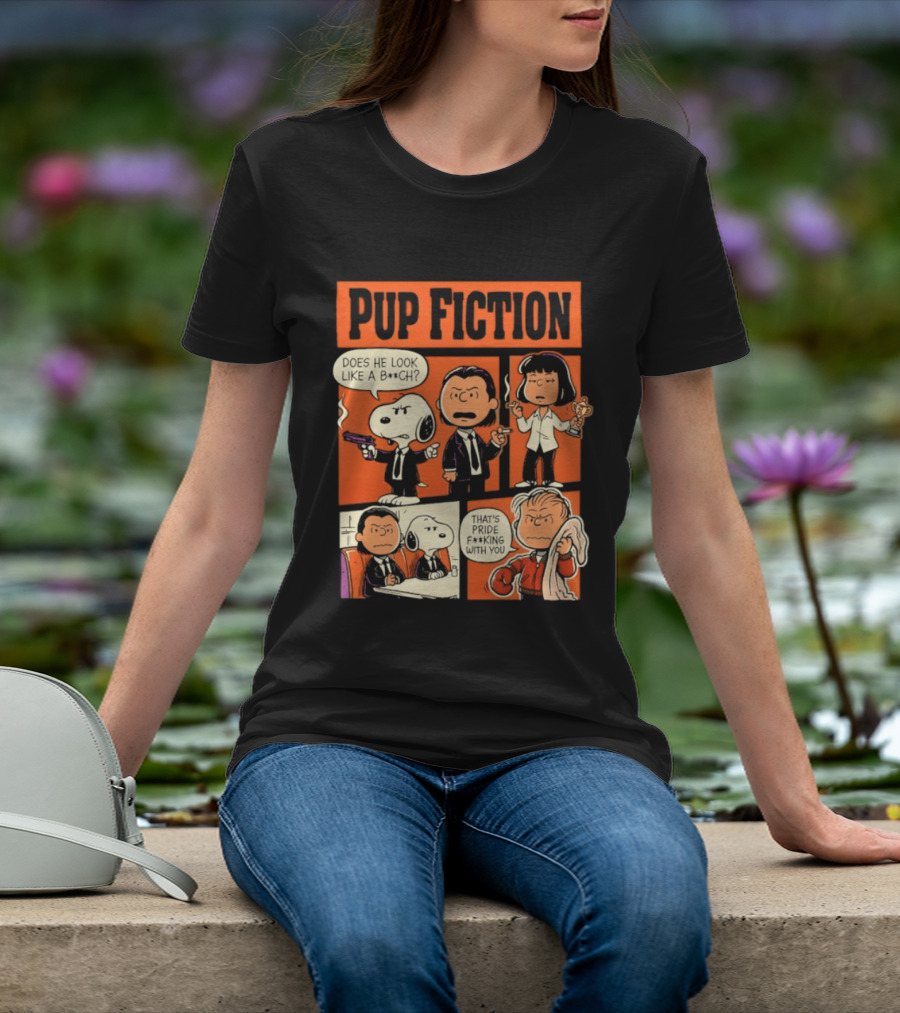 Peanuts Pup Fiction Does He Look Like A Bitch Snopy And Franklin Vincent Jules Mia T-Shirt