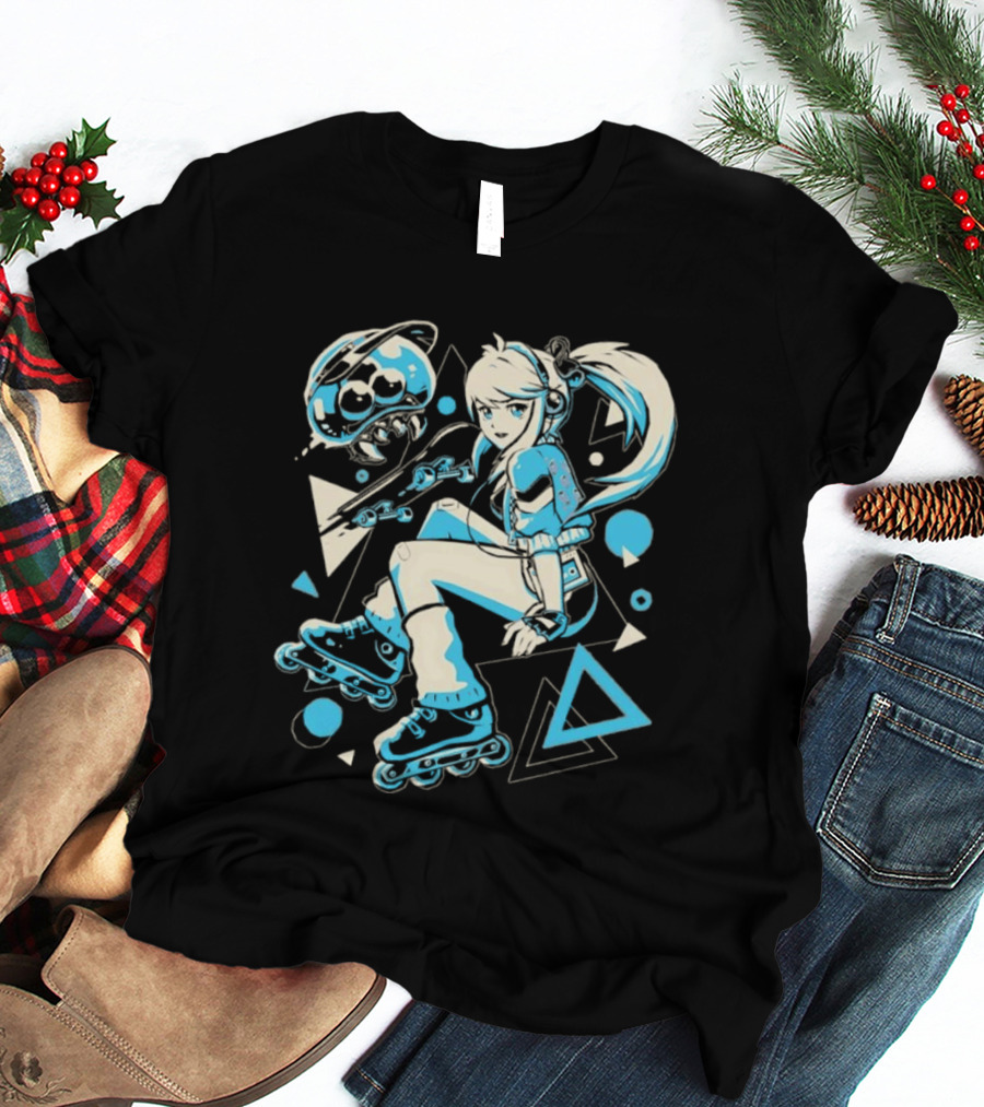 Samus Aran Metroid Rollerblades Skateboard Retro Gaming T-Shirt