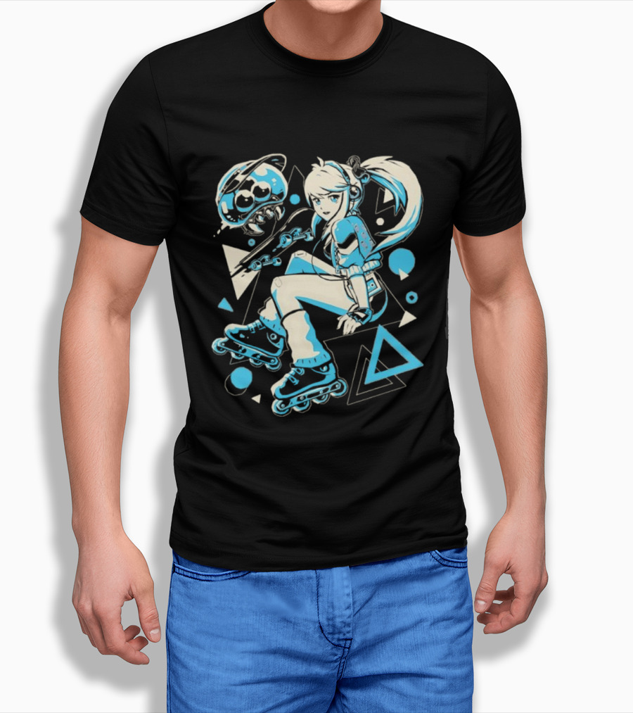 Samus Aran Metroid Rollerblades Skateboard Retro Gaming T-Shirt