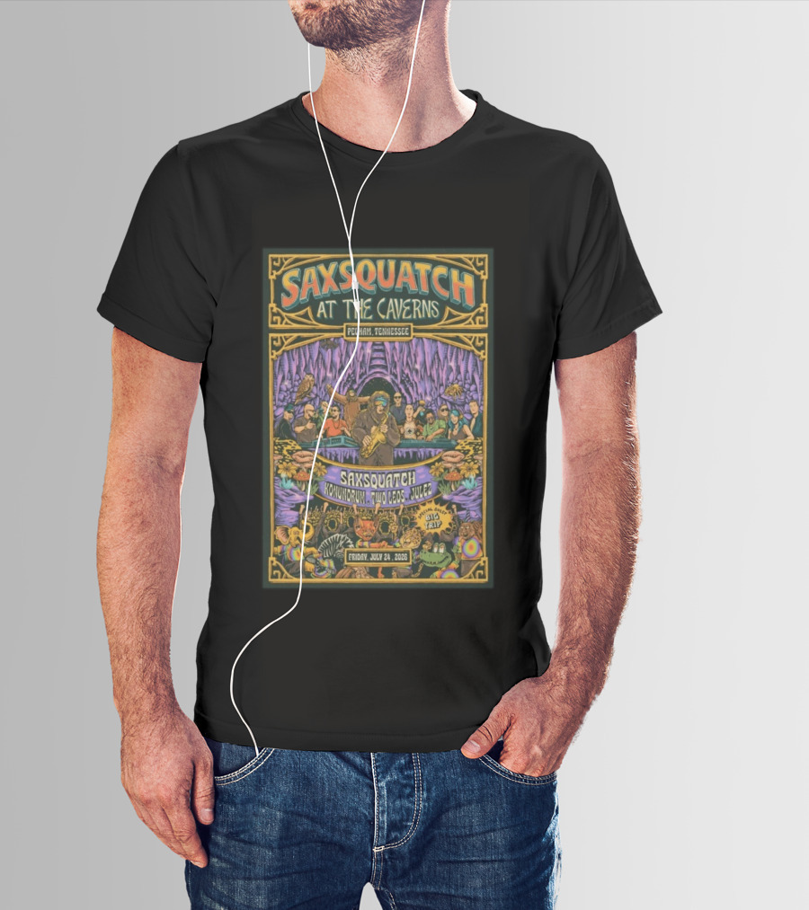 Saxsquatch At The Caverns Pelham Tennessee July 24 2026 Konundrum Two Egos Julez T-Shirt