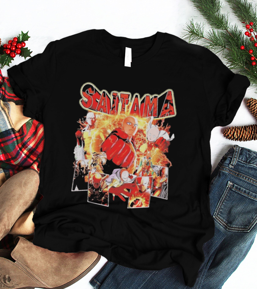 Saitama Hero Manga Character Collage With Lightning Fist T-Shirt