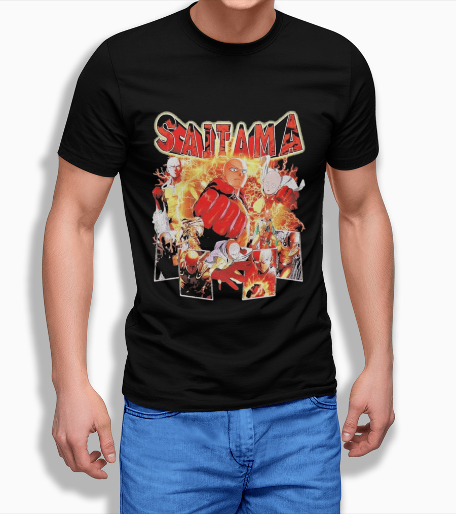 Saitama Hero Manga Character Collage With Lightning Fist T-Shirt