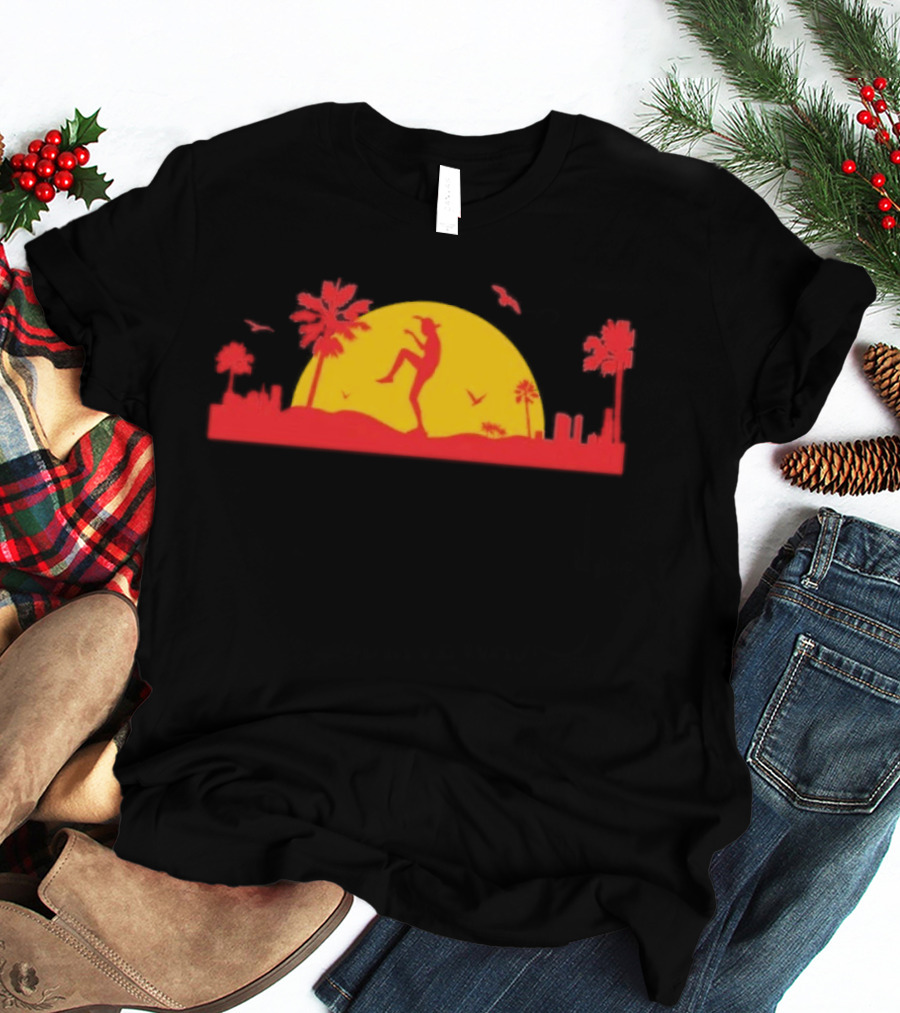 Cobra Kai Crane Kick Sunset Scene With Palm Trees And Birds T-Shirt