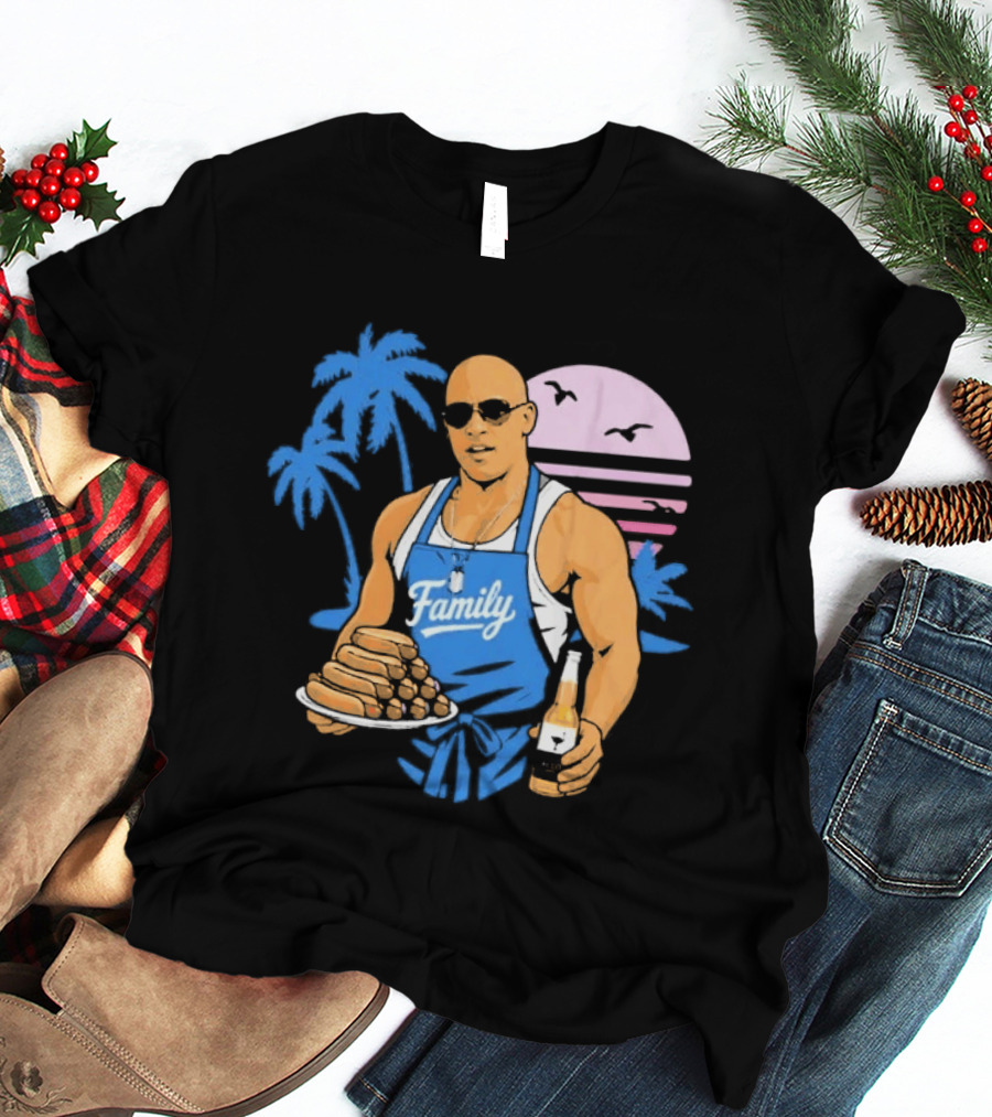 KCCO Family BBQ With Hot Dogs Palm Trees Sunset Birds T-Shirt
