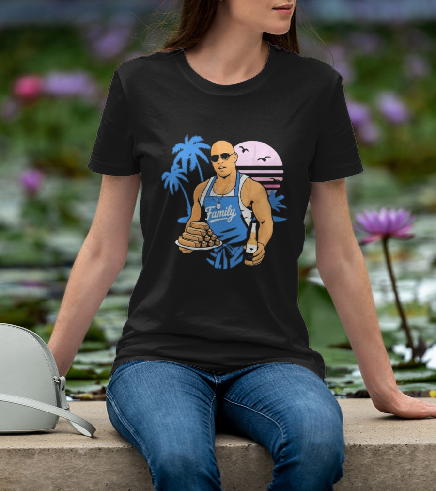 KCCO Family BBQ With Hot Dogs Palm Trees Sunset Birds T-Shirt