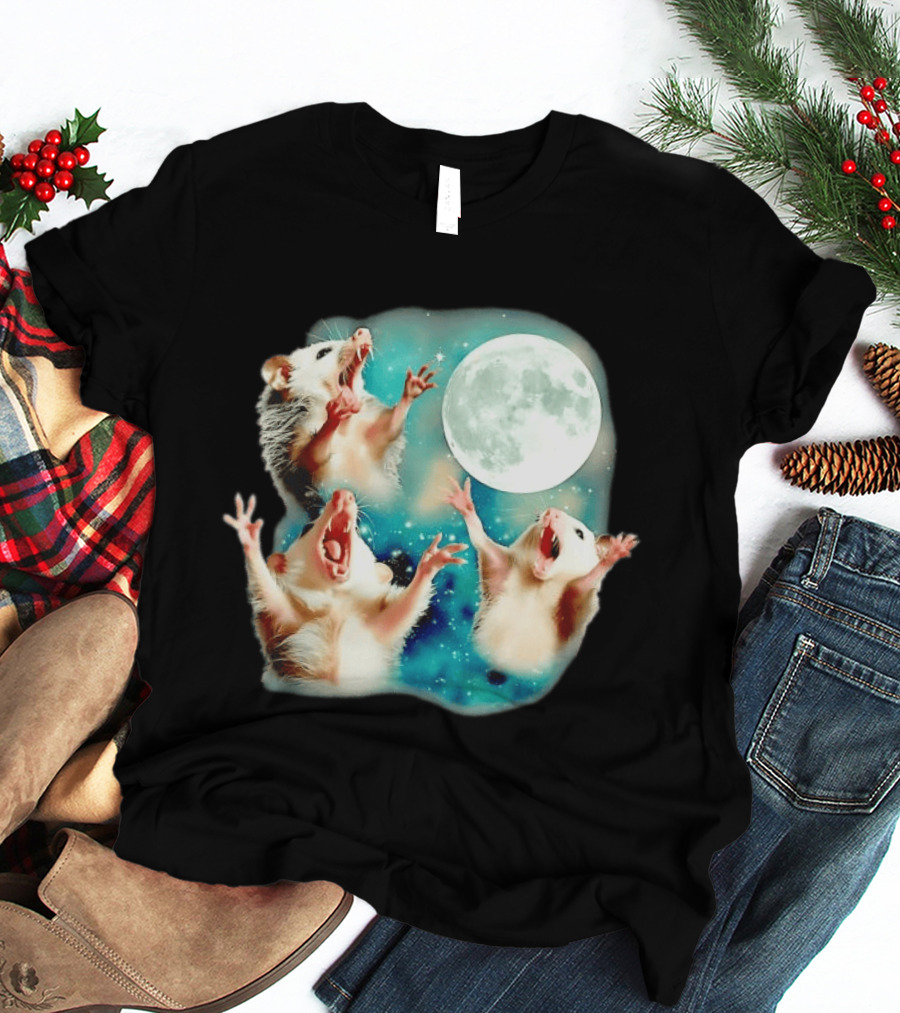 Opossum Howling At Moon With Stars In Space Scene T-Shirt
