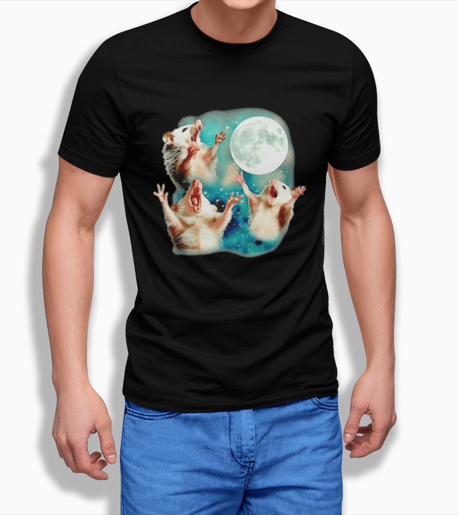 Opossum Howling At Moon With Stars In Space Scene T-Shirt
