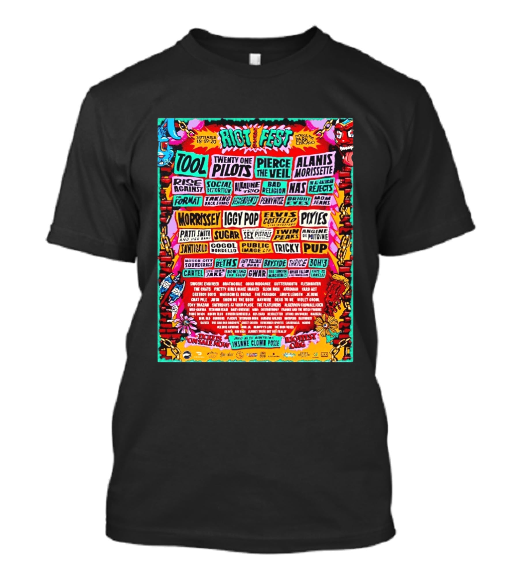 Riot Fest 2026 Full Lineup Douglass Park Chicago September 18 19 20 Featuring Tool Twenty One Pilots Pierce The Veil Alanis Morissette T-Shirt