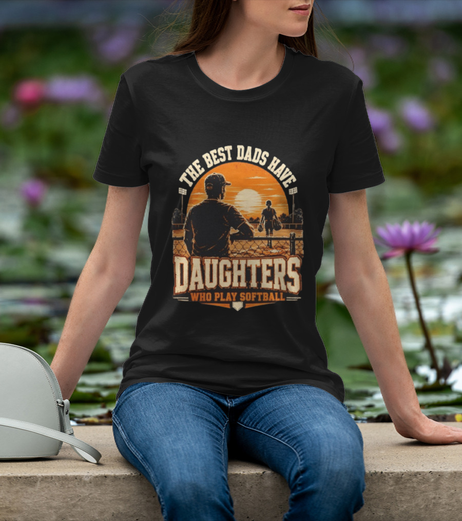 The Best Dads Have Daughters Who Play Softball Vintage Sunset Scene T-Shirt