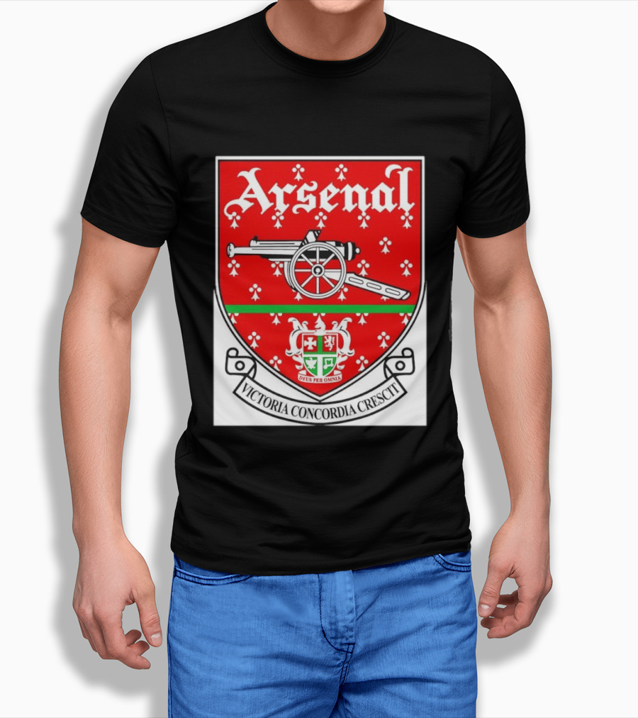 Arsenal FC Victoria Concordia Crescit Deus Per Omnia Crest Featuring Classic Cannon And Shield T-Shirt