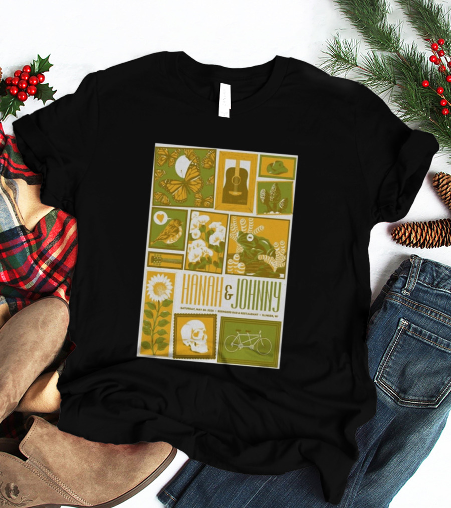 Hanah & Johnny May 30 2026 Ringer's Bar & Restaurant Slinger WI Butterfly Guitar Skull Bicycle Floral T-Shirt
