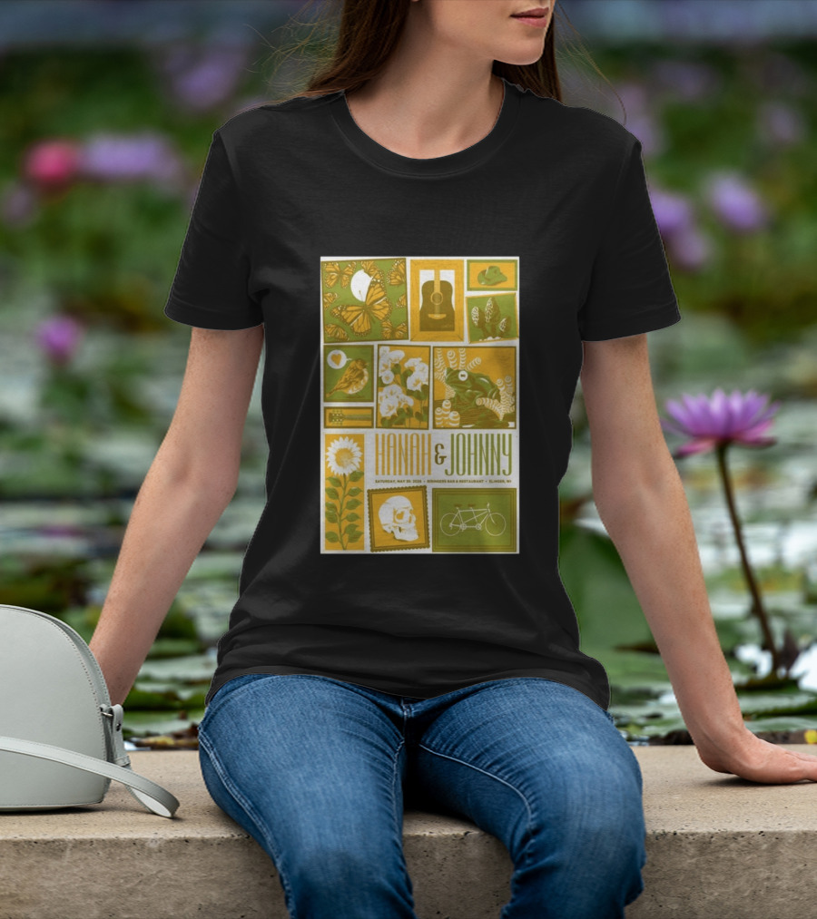 Hanah & Johnny May 30 2026 Ringer's Bar & Restaurant Slinger WI Butterfly Guitar Skull Bicycle Floral T-Shirt