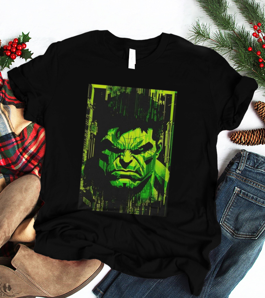 Hulk Glitch Digital Green Abstract Face T-Shirt