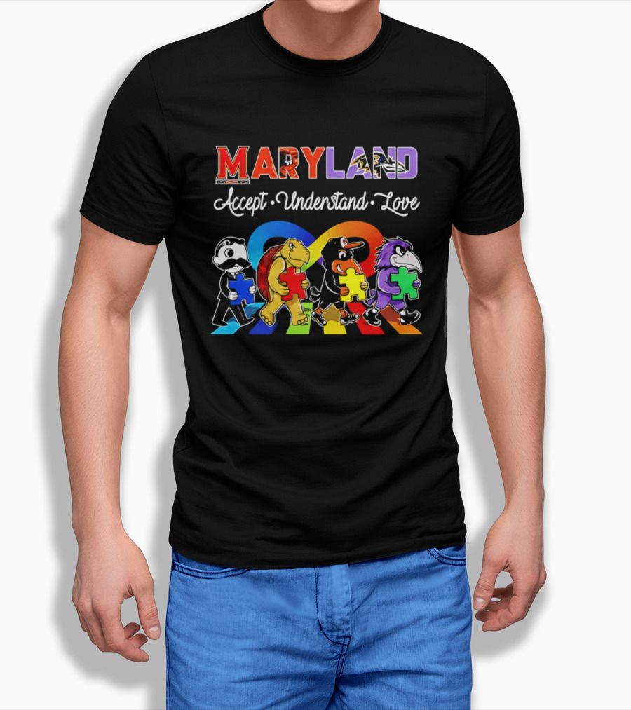 Maryland Pride Accept Understand Love With Sports Mascots And Puzzle Pieces T-Shirt