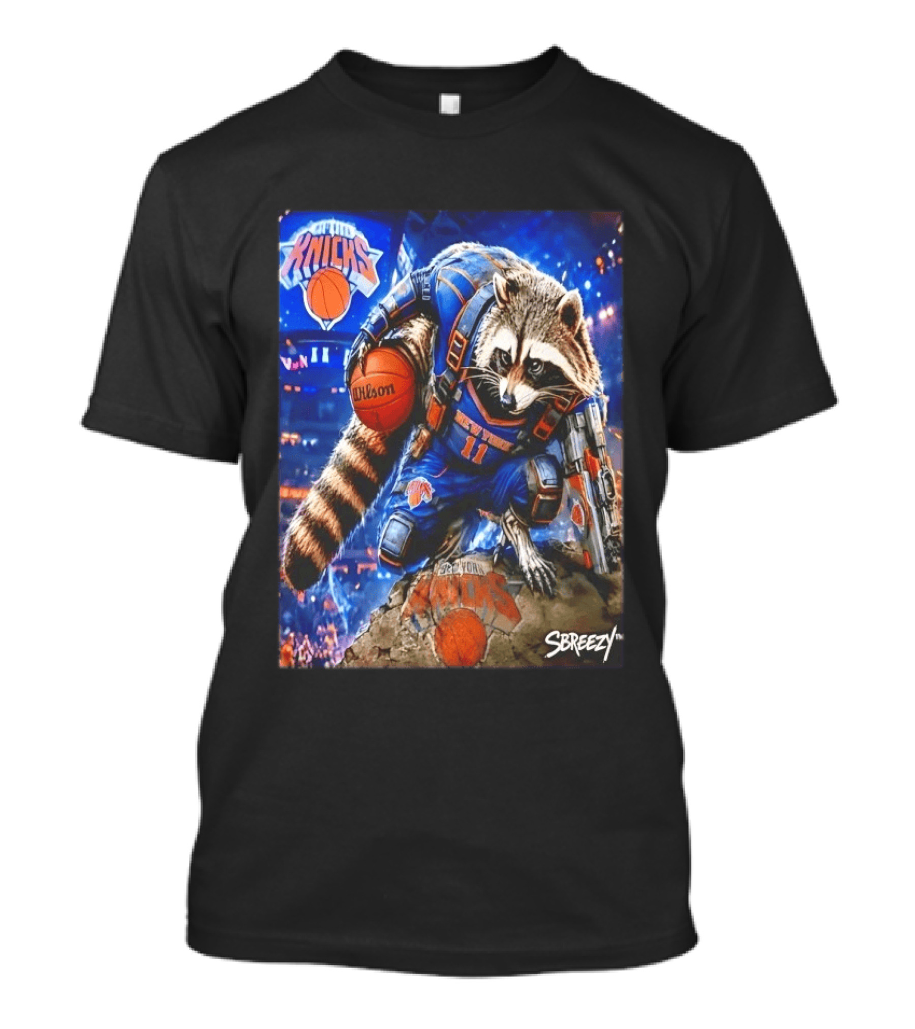 Rocket Raccoon New York Knicks Marvel Guardians NBA Crossover Wilson Ball T-Shirt