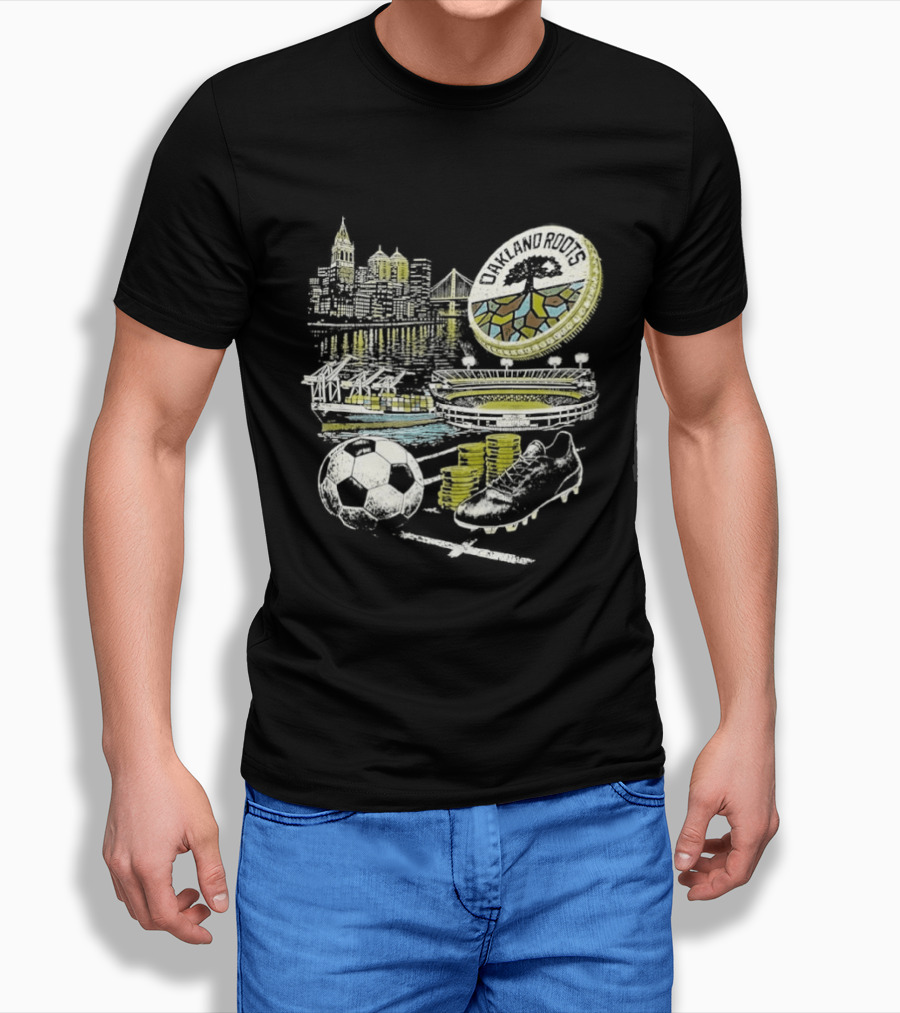 Oakland Roots Skyline Soccer Ball Stadium Ship And Coins T-Shirt