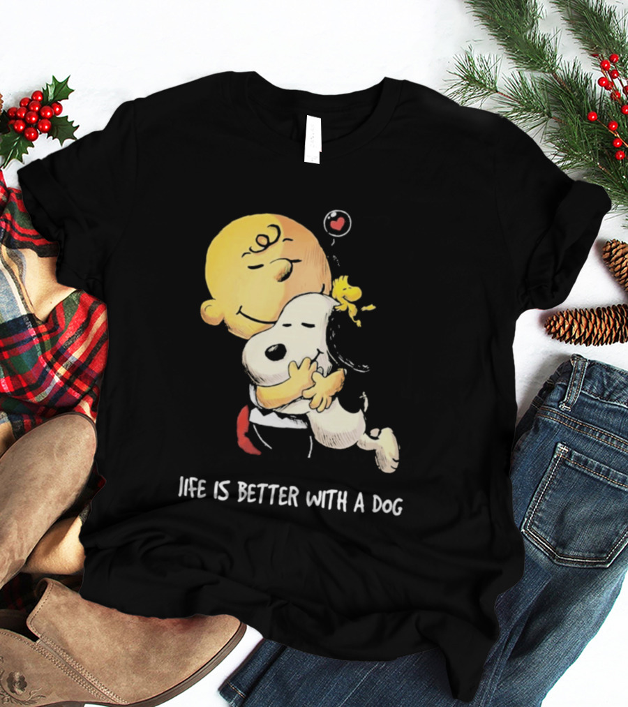 Snoopy Charlie Brown Life Is Better With A Dog Hugging Heart T-Shirt