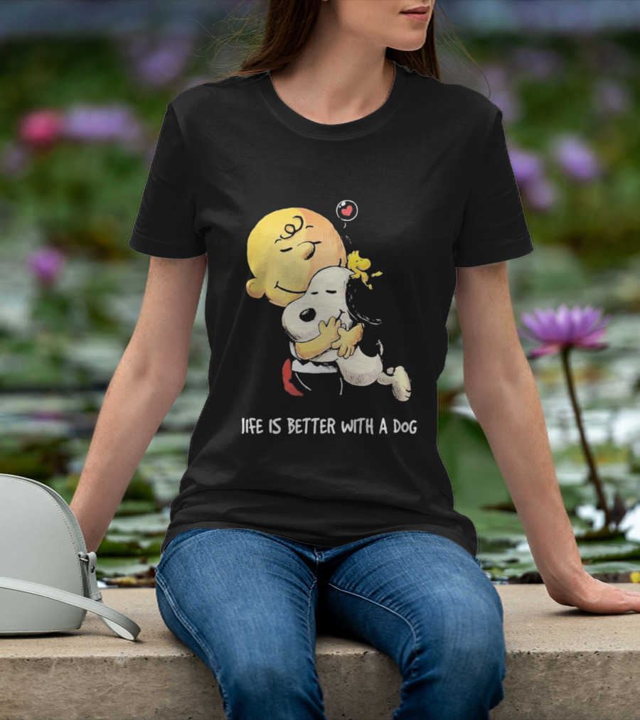 Snoopy Charlie Brown Life Is Better With A Dog Hugging Heart T-Shirt