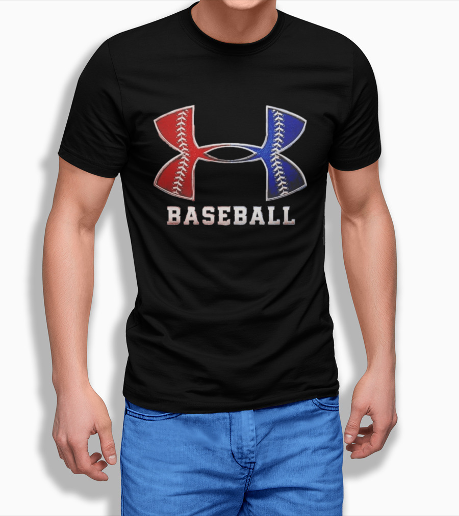 Under Armour Baseball Red Blue Stitch Performance Men T-Shirt