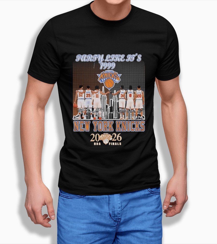 New York Knicks Party Like It's 1999 NBA Finals 2026 Karl Anthony Towns Mikal Bridges Jalen Brunson Patrick Ewing Latrell Sprewell T-Shirt