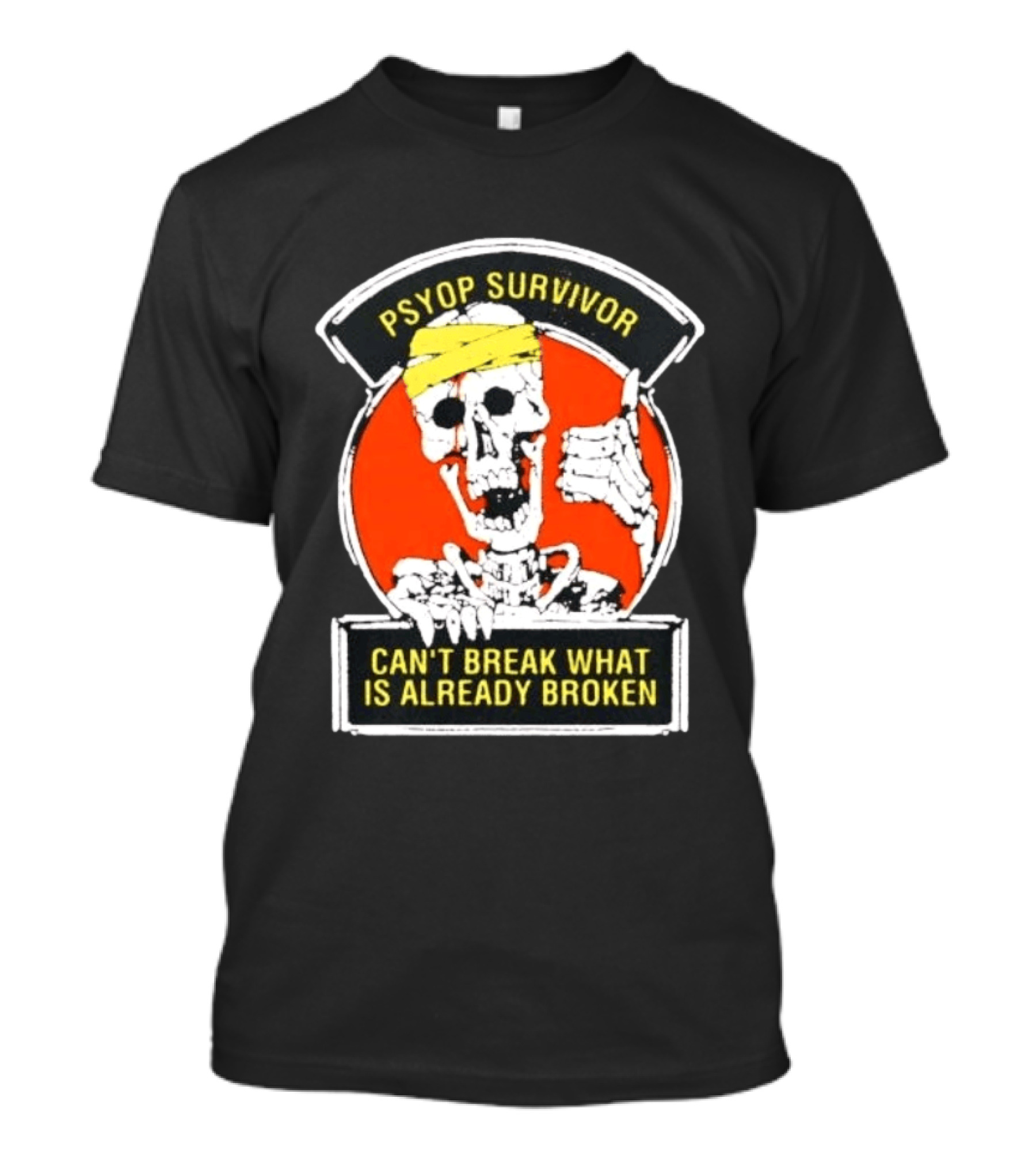 Psyop Survivor Skeleton Can't Break What Is Already Broken Yellow Bandana Thumbs Up T-Shirt