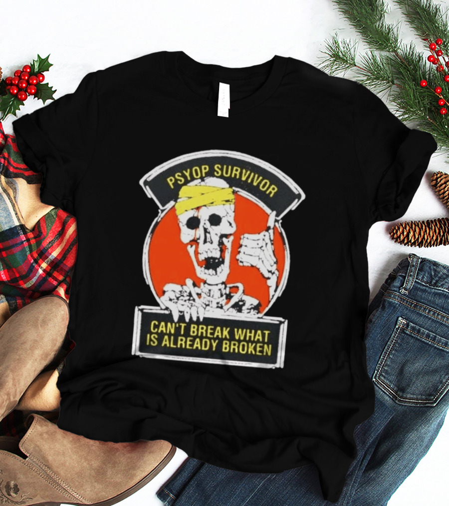 Psyop Survivor Skeleton Can't Break What Is Already Broken Yellow Bandana Thumbs Up T-Shirt