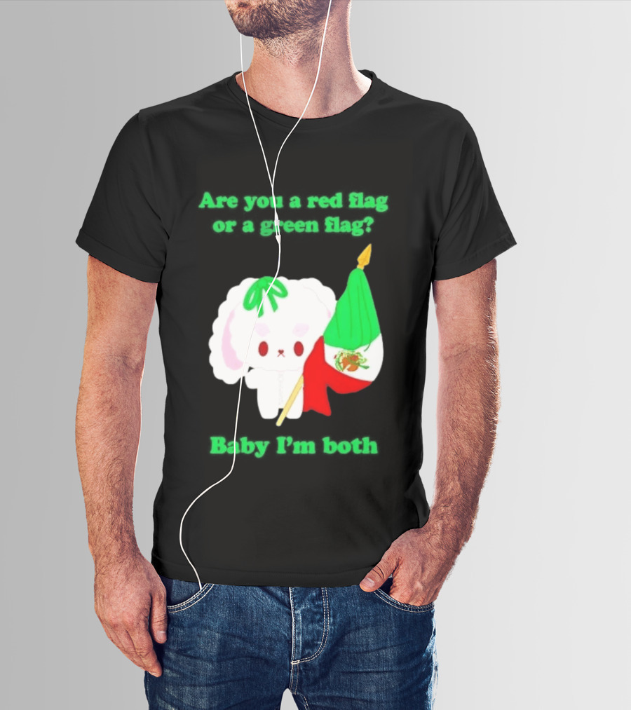 Nonomochi Mexico Flag Are You A Red Flag Or A Green Flag Cute Bunny Holding Mexican Flag T-Shirt