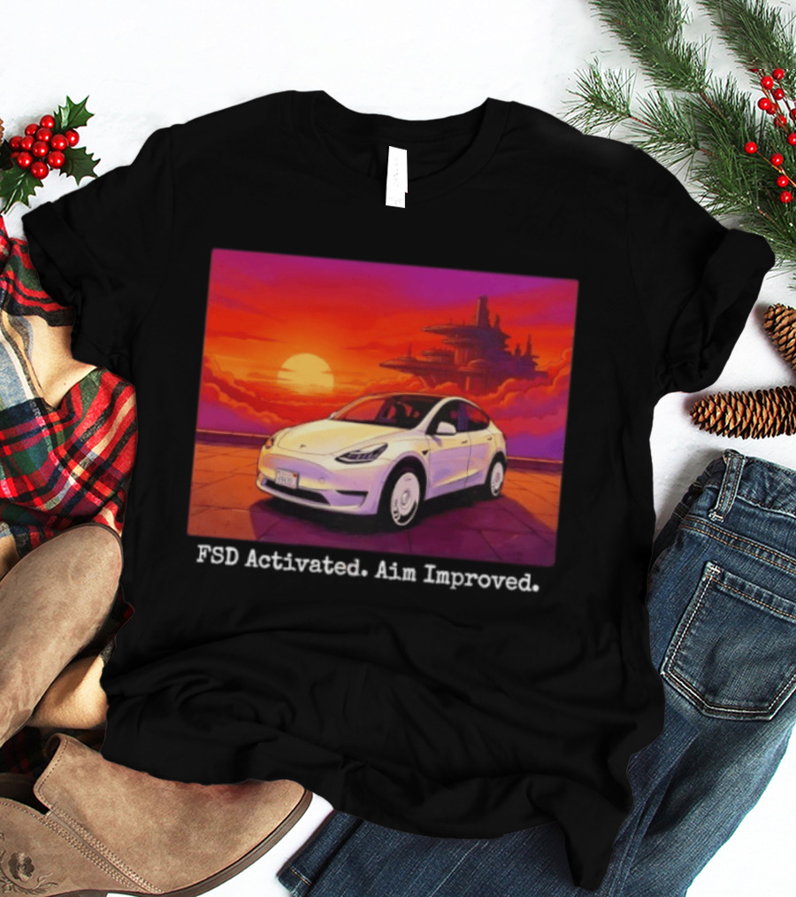 Tesla Model Y FSD Activated Aim Improved Sunset Futuristic City Scene T-Shirt