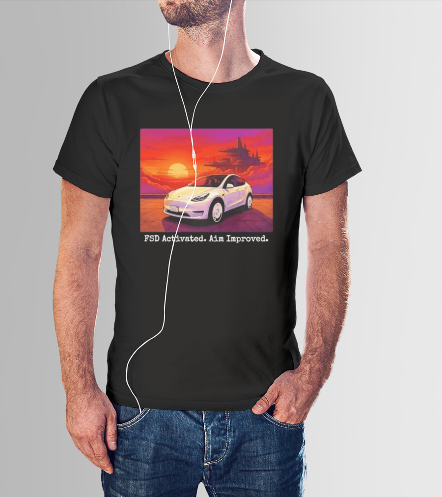 Tesla Model Y FSD Activated Aim Improved Sunset Futuristic City Scene T-Shirt