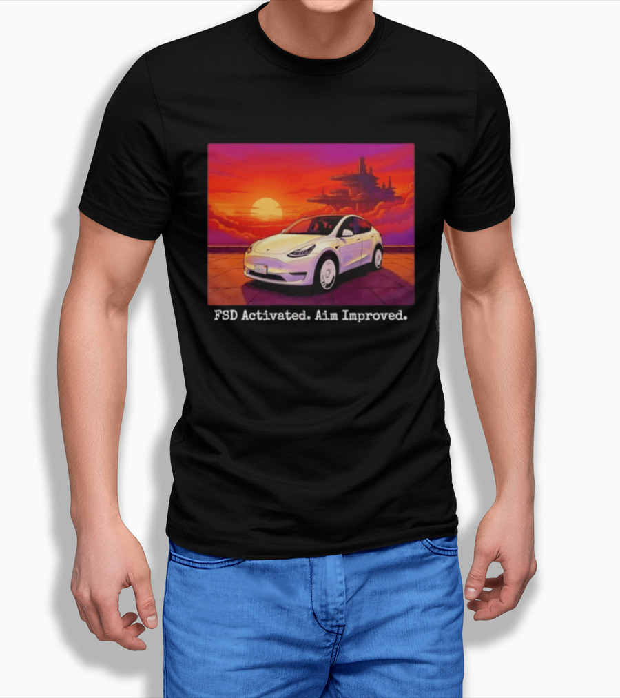 Tesla Model Y FSD Activated Aim Improved Sunset Futuristic City Scene T-Shirt