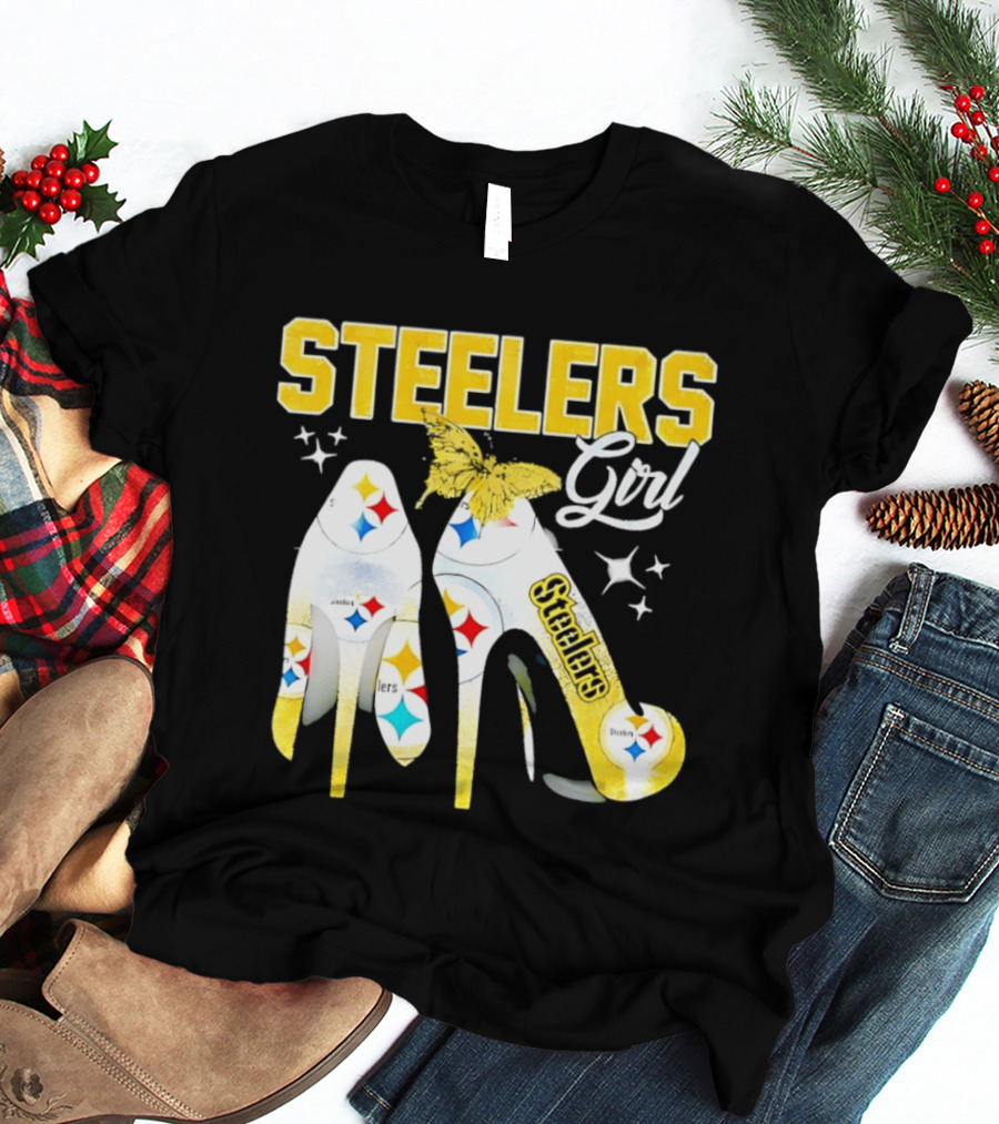 Steelers Girl High Heels With Butterfly And Stars T-Shirt