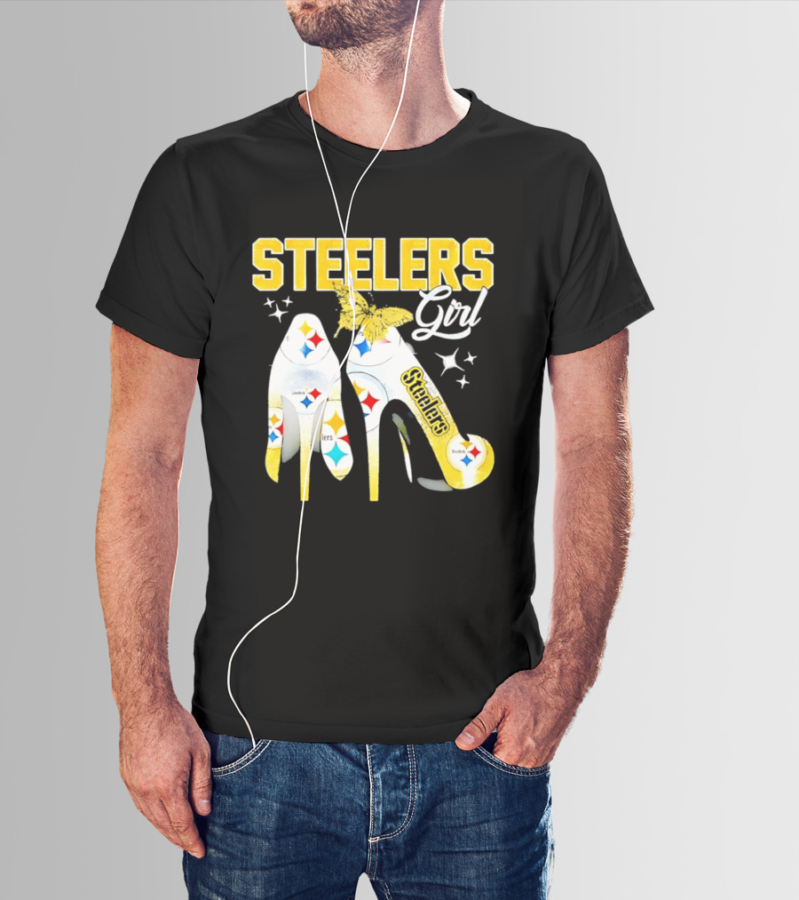 Steelers Girl High Heels With Butterfly And Stars T-Shirt