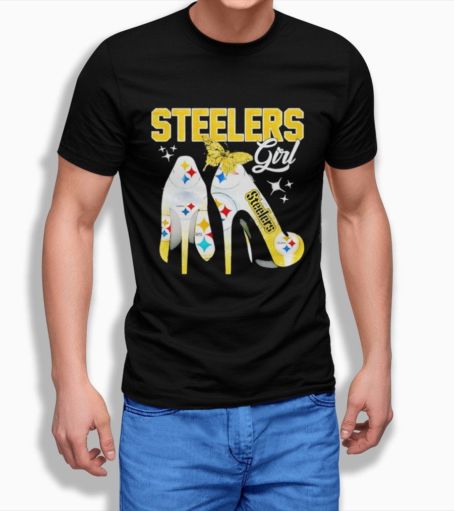 Steelers Girl High Heels With Butterfly And Stars T-Shirt